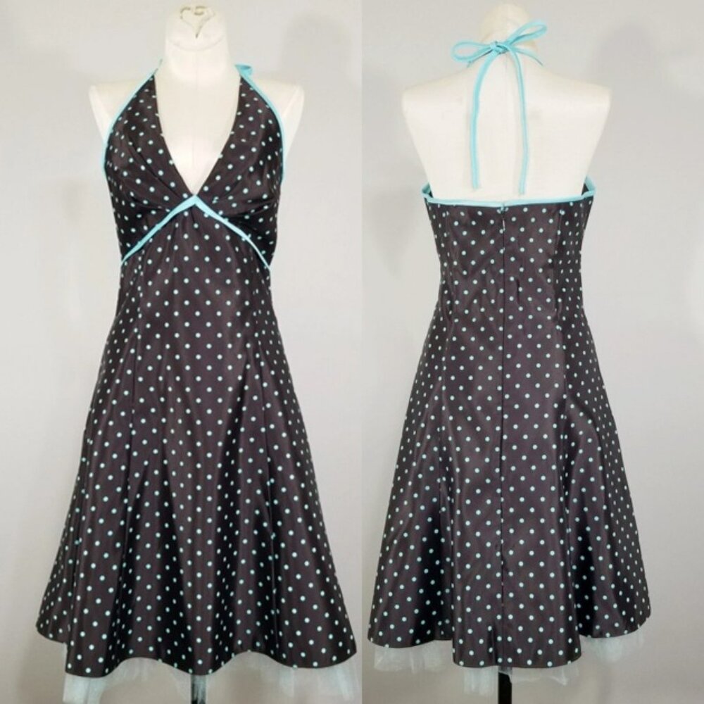 VTG Y2K Jessica McClintock Gunne Sax Polka Dot Halter Dress 7 Brown Blue Tulle